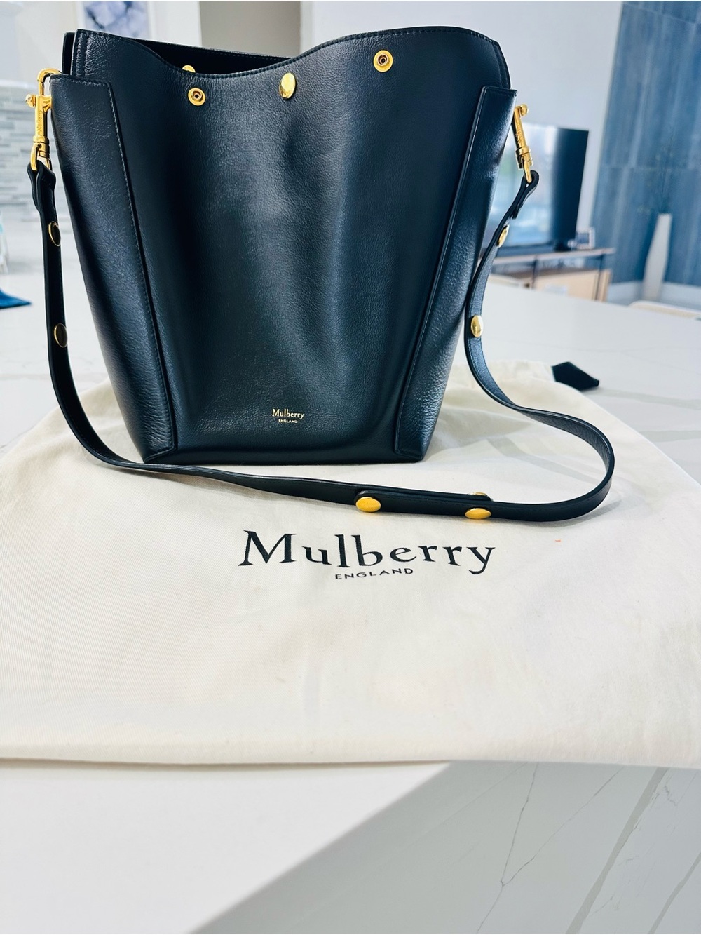 Mulberry Black Leather Bucket Shoulder Bag with Gold Hardware